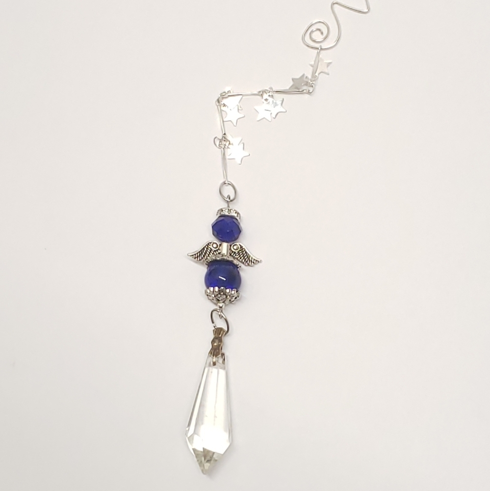 Handmade Cobalt Blue Guardian Angel & Vintage Prisim Crystal Ornament Suncatcher - Picture 3 of 7